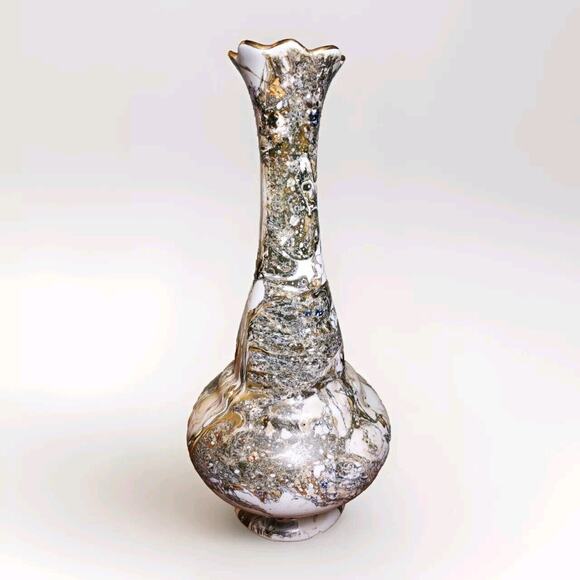 Vtg Sumerbank Turkey YPS VASE Hand Painted Porcelain MCM Bronze Blue Cream Swirl - Picture 4 of 8